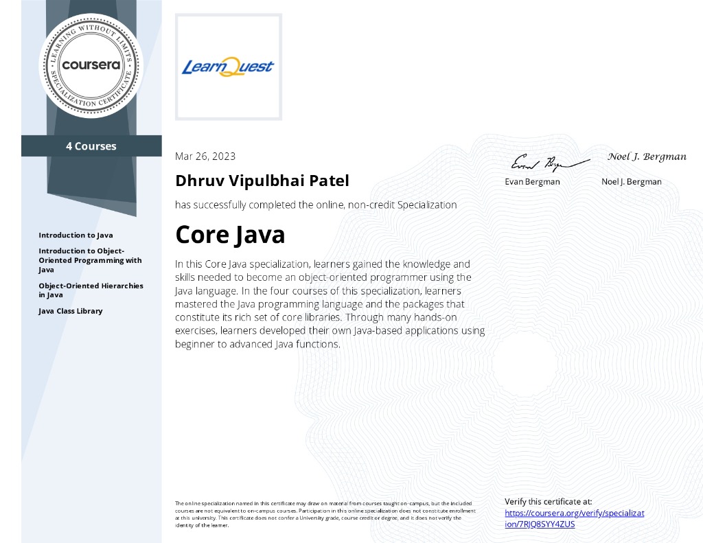 Core Java Specialization Certificate